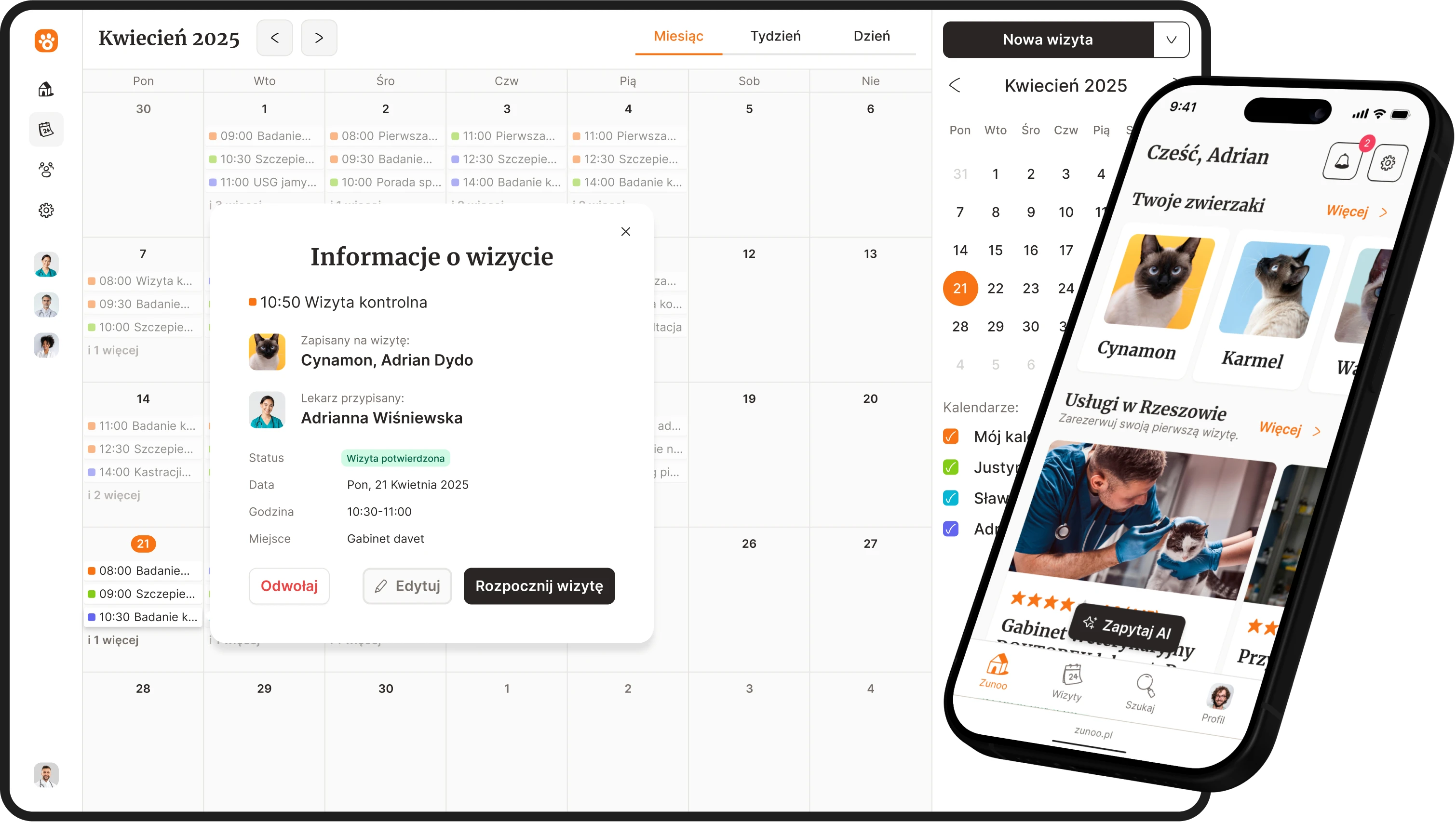 The image shows tablet apps for veterinary offices and smartphone apps for pet owners.